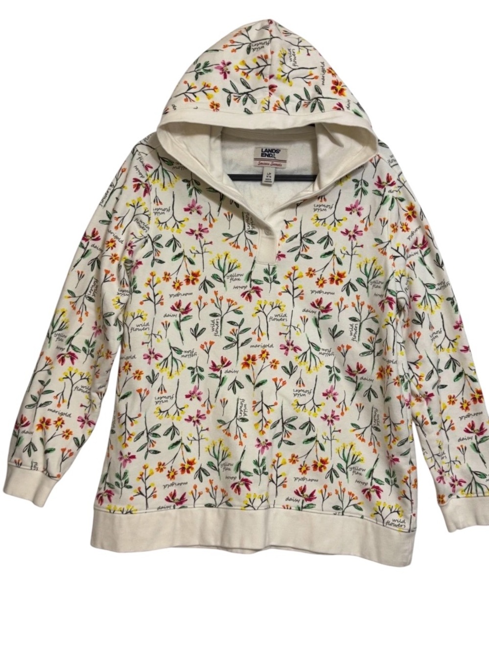 Lands End Serious Sweats Wildflower Print Hoodie Size L (14-16) Cream women
